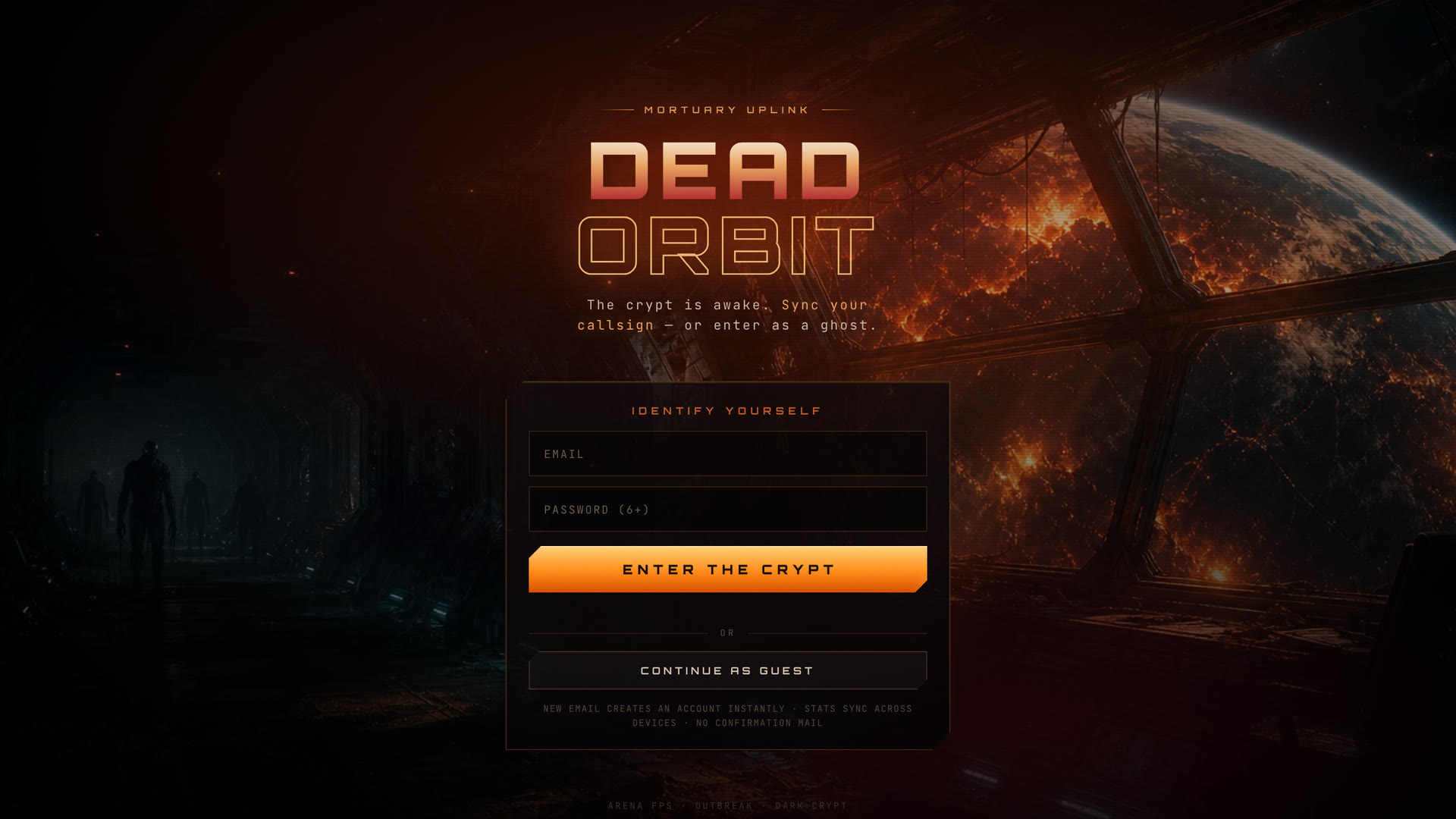 Dead Orbit title screen, with a burning planet seen from a space station.