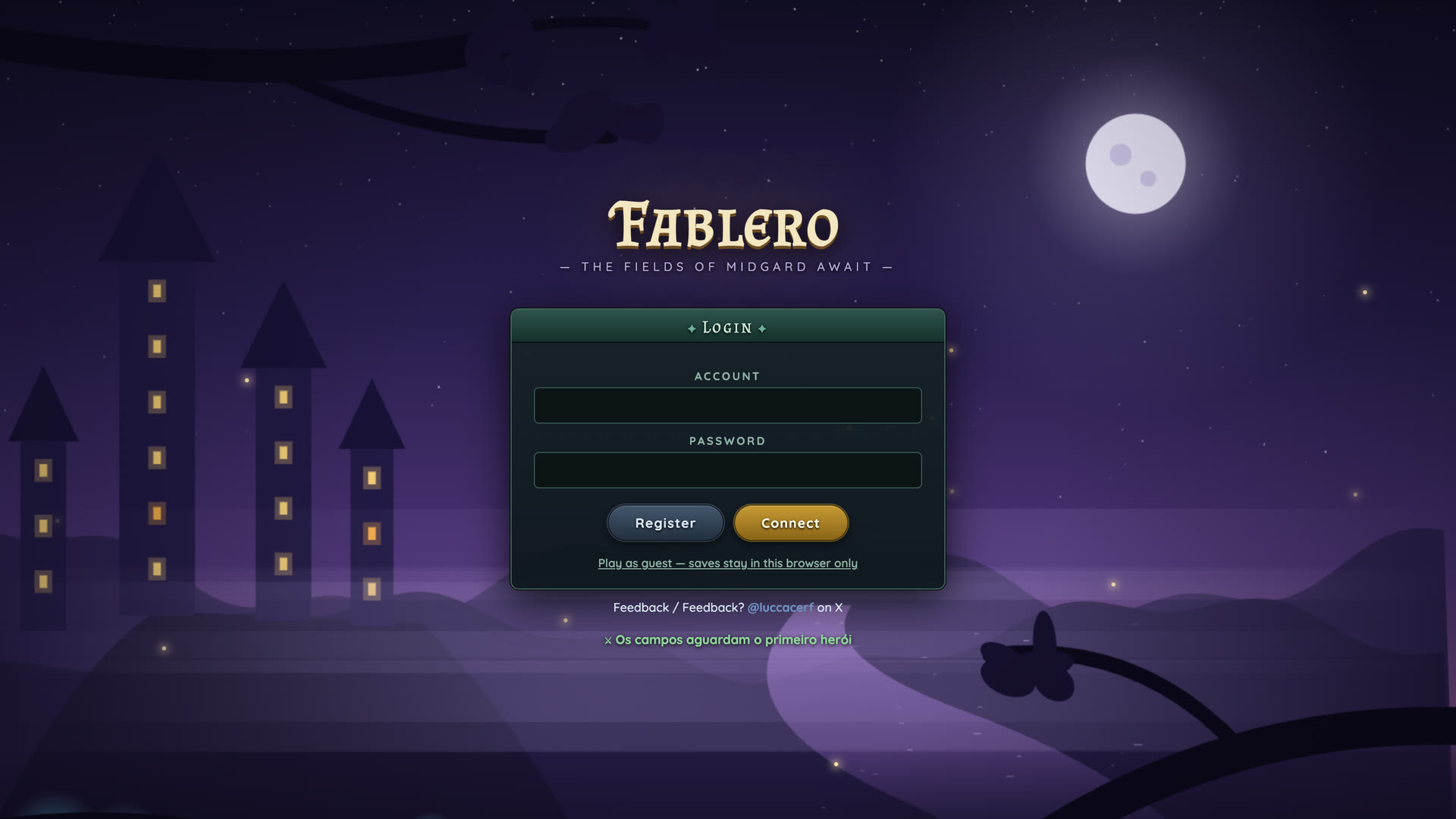 Fablero login screen under a full moon, with a castle behind it.